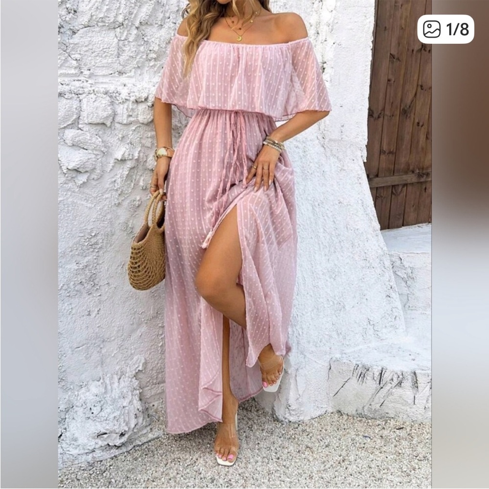 NEW Flowy Sheer Lace Off Shoulder Split Maxi Dress Muted Pink